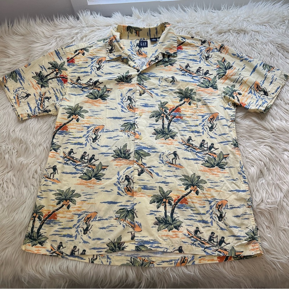 Vintage Gap Hawaiian Shirt Yellow Beach Tropical Surf Canoe Palm Tree Men’s XL